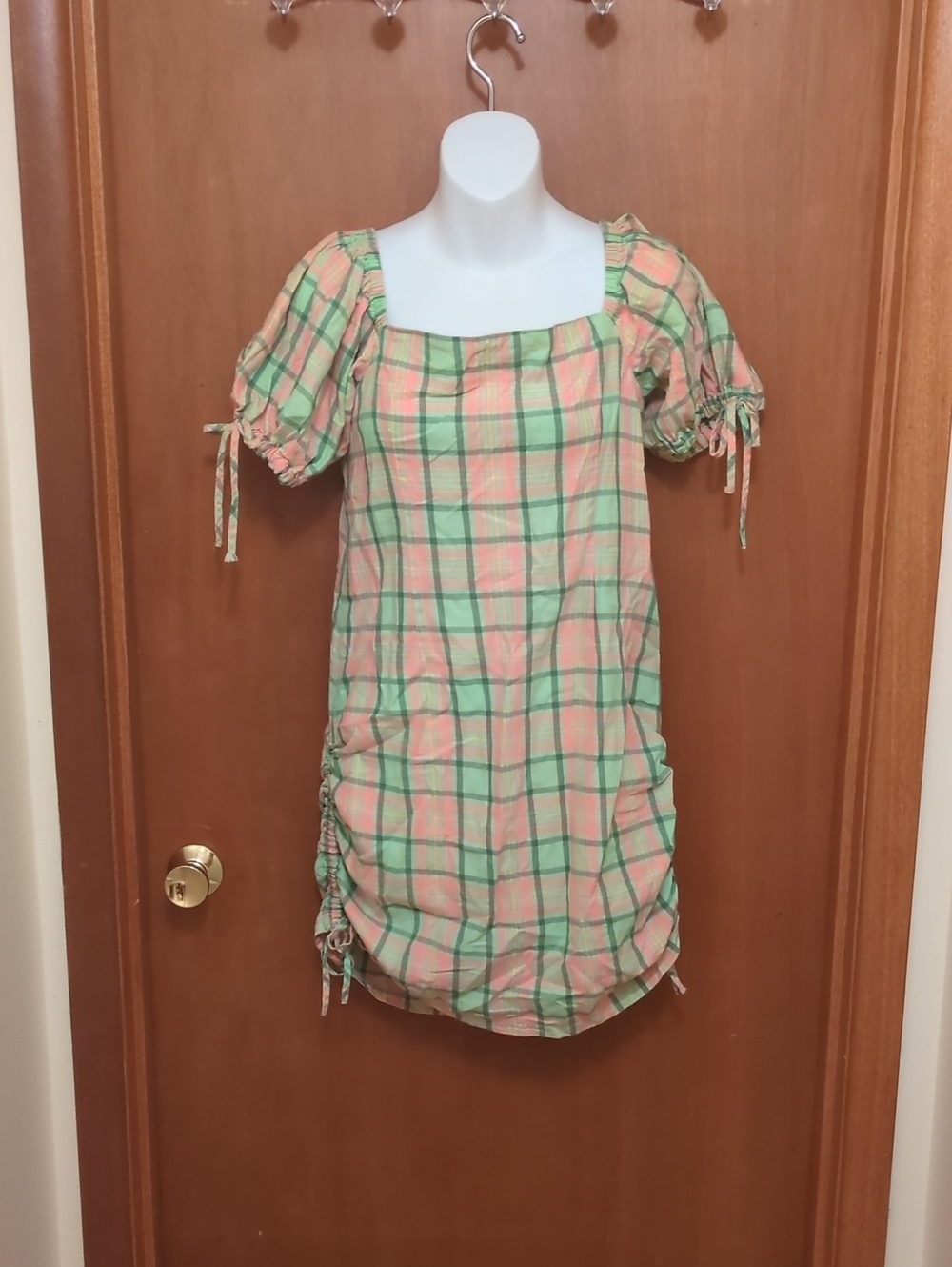 The Ragged Priest Peach & Green Plaid Puff-Sleeve Dress
